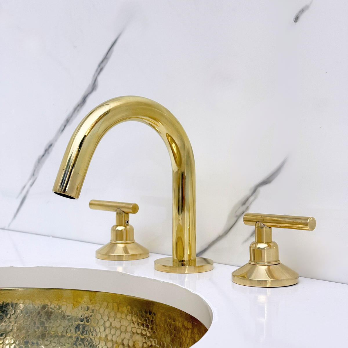Unlacquered Brass Gooseneck Widespread Bathroom Faucet with Lever Handles – Classic Arc