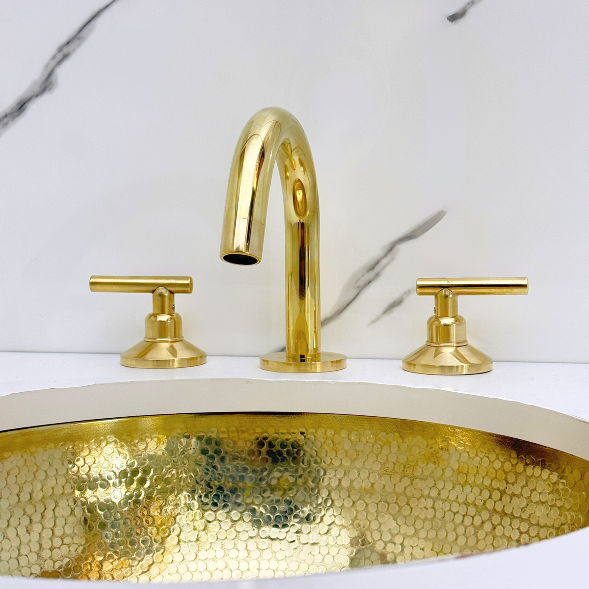Unlacquered Brass Gooseneck Widespread Bathroom Faucet with Lever Handles – Classic Arc