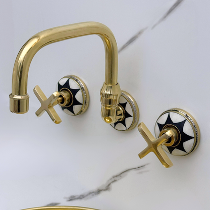 Unlacquered Brass and Resin Wall-Mount Bathroom Faucet with Cross Handles