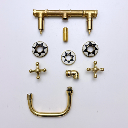 Unlacquered Brass and Resin Wall-Mount Bathroom Faucet with Cross Handles