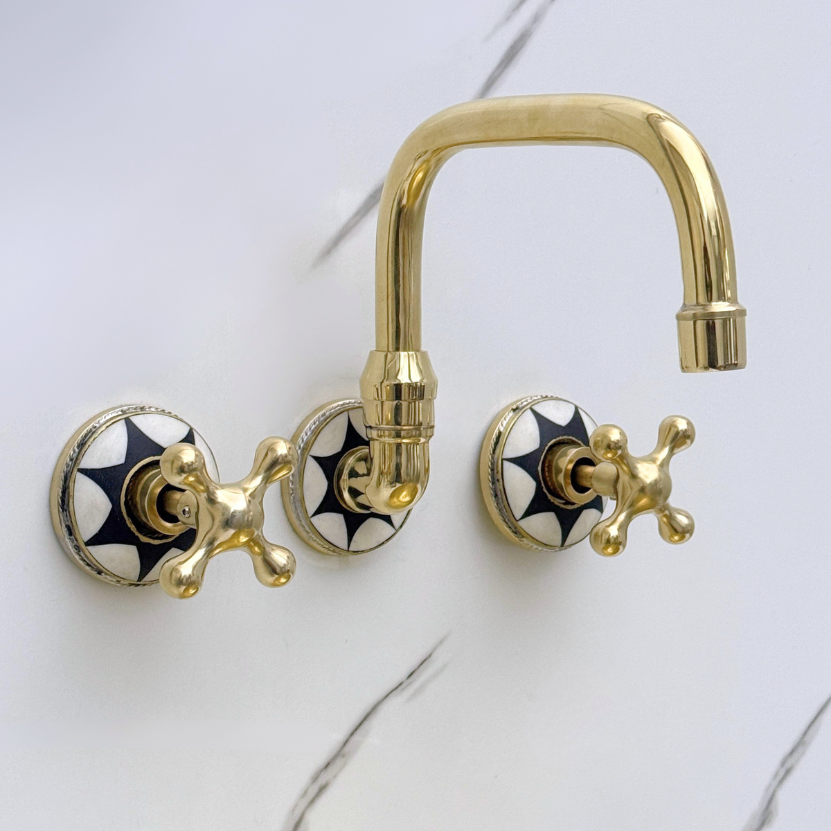 Unlacquered Brass and Resin Wall-Mount Bathroom Faucet with Cross Handles