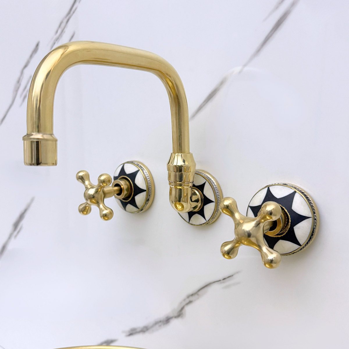 Unlacquered Brass and Resin Wall-Mount Bathroom Faucet with Cross Handles