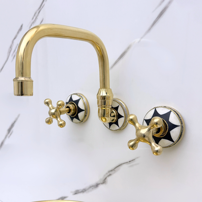 Unlacquered Brass and Resin Wall-Mount Bathroom Faucet with Cross Handles