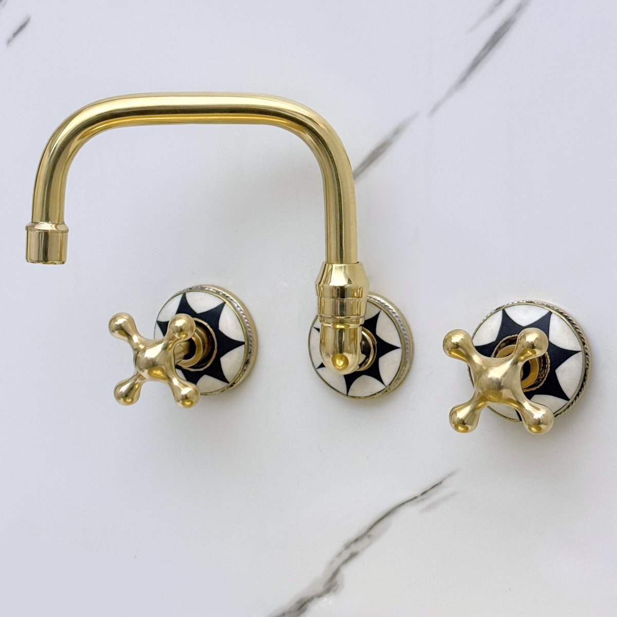 Unlacquered Brass and Resin Wall-Mount Bathroom Faucet with Cross Handles