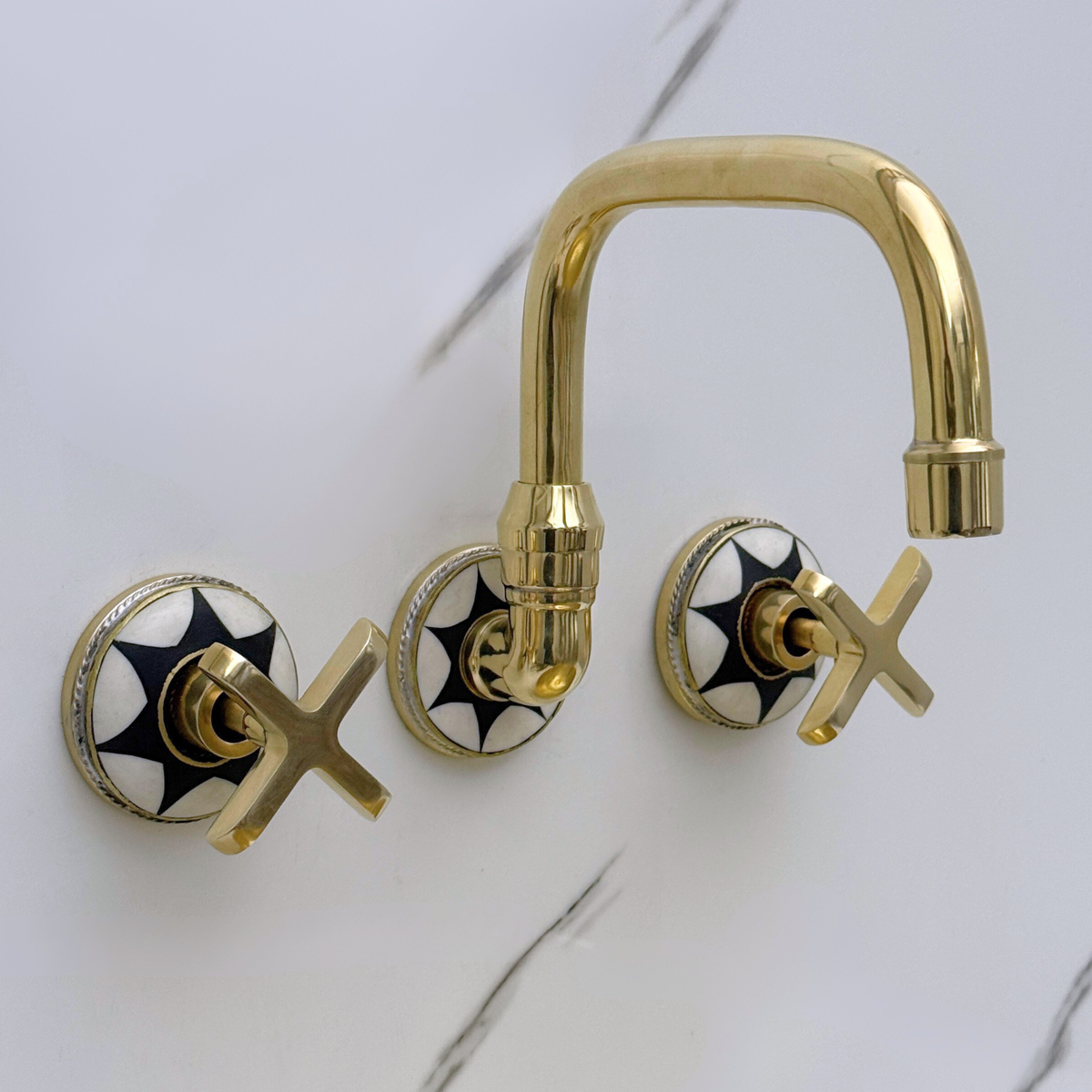 Unlacquered Brass and Resin Wall-Mount Bathroom Faucet with Cross Handles