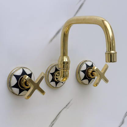 Unlacquered Brass and Resin Wall-Mount Bathroom Faucet with Cross Handles
