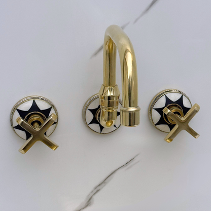 Unlacquered Brass and Resin Wall-Mount Bathroom Faucet with Cross Handles