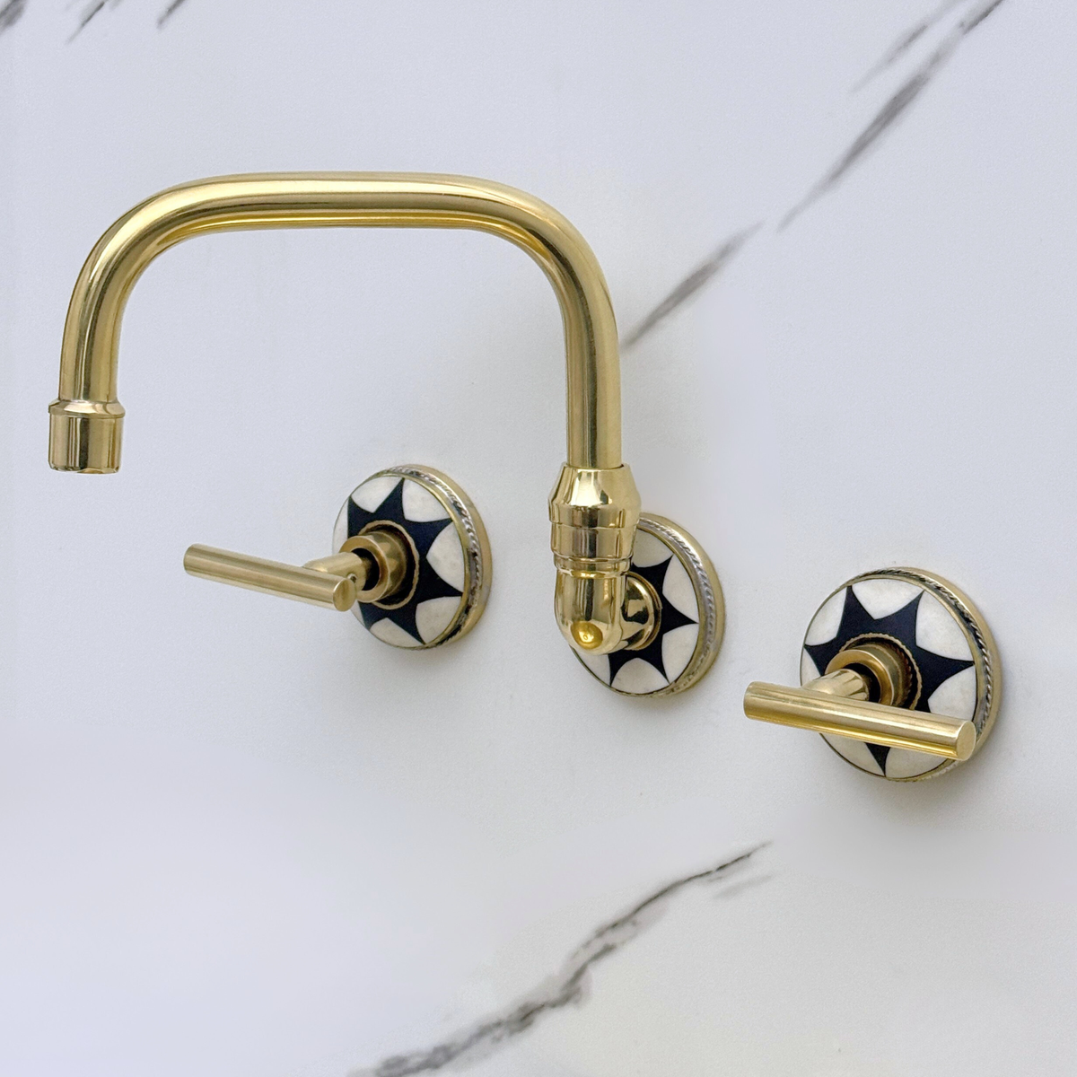 Unlacquered Brass and Resin Wall-Mount Bathroom Faucet with Lever Handles