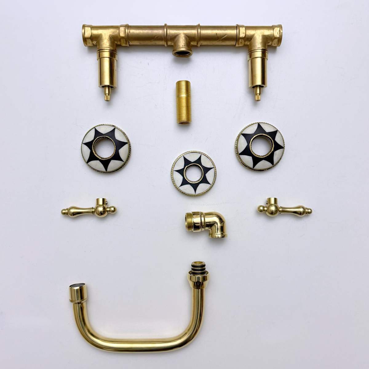 Unlacquered Brass and Resin Wall-Mount Bathroom Faucet with Lever Handles