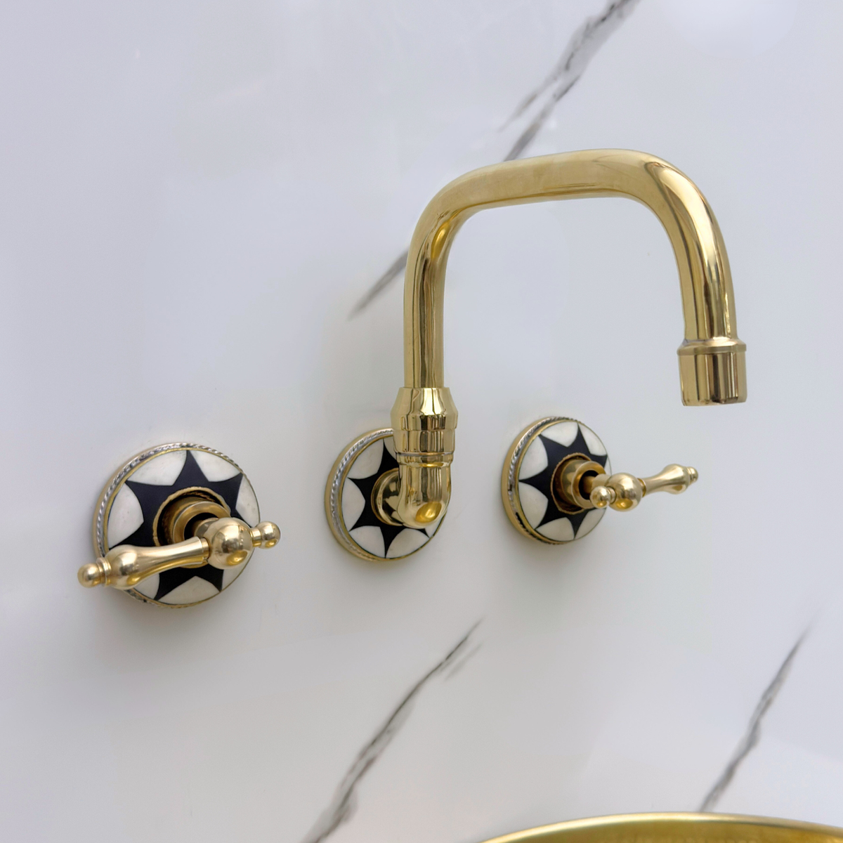 Unlacquered Brass and Resin Wall-Mount Bathroom Faucet with Lever Handles
