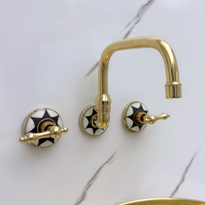 Unlacquered Brass and Resin Wall-Mount Bathroom Faucet with Lever Handles