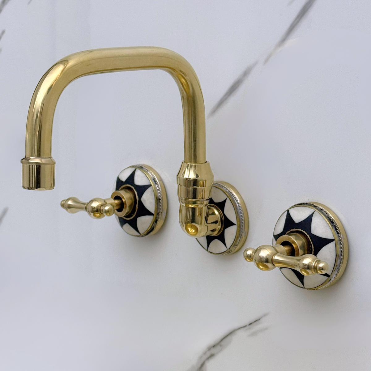 Unlacquered Brass and Resin Wall-Mount Bathroom Faucet with Lever Handles