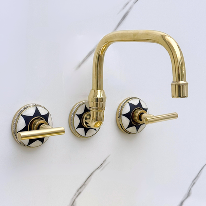 Unlacquered Brass and Resin Wall-Mount Bathroom Faucet with Lever Handles
