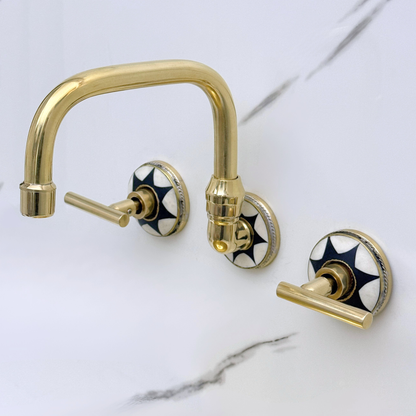 Unlacquered Brass and Resin Wall-Mount Bathroom Faucet with Lever Handles
