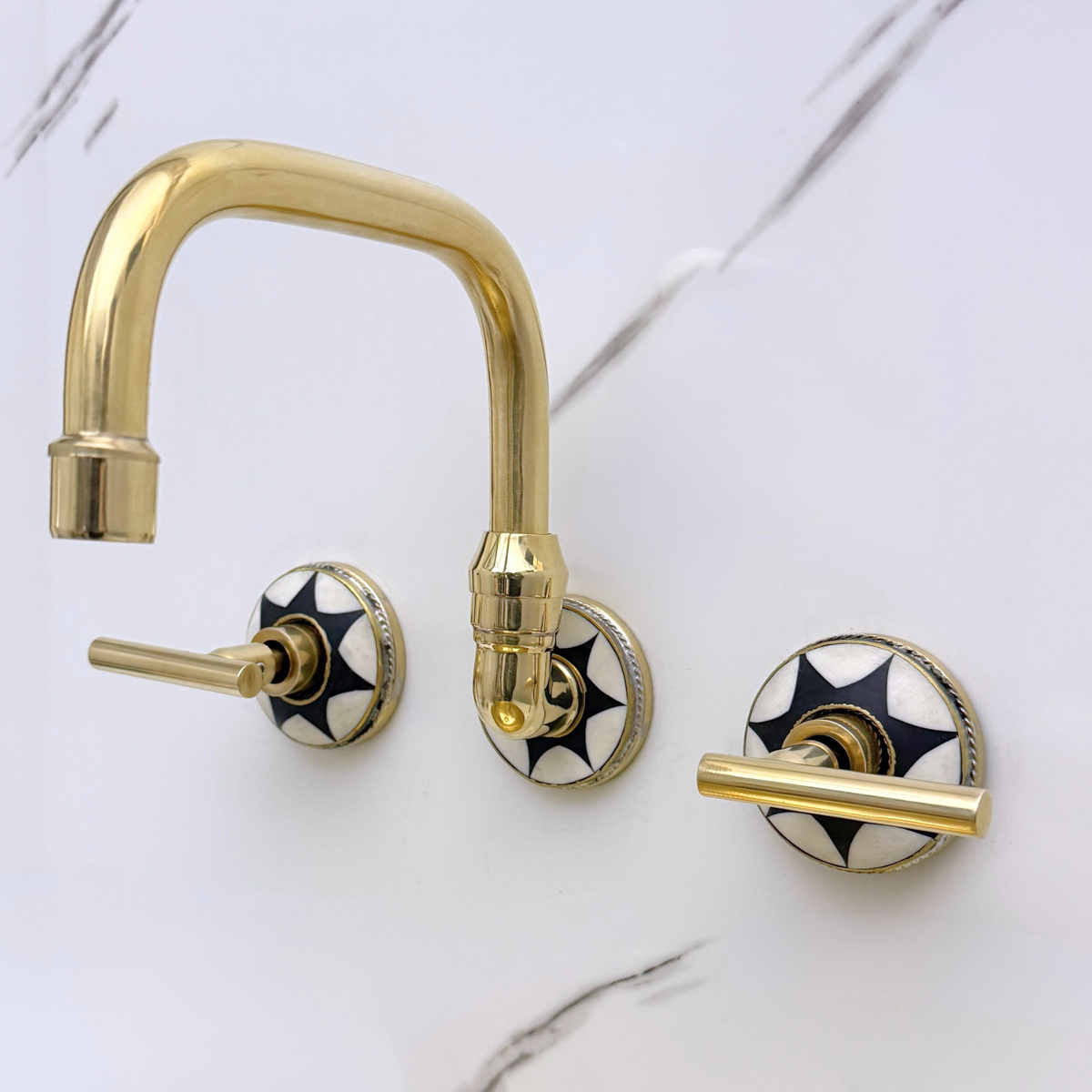 Unlacquered Brass and Resin Wall-Mount Bathroom Faucet with Lever Handles