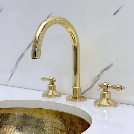 Unlacquered Brass High-Arc Widespread Bathroom Faucet with Lever Handles – Grand Arc