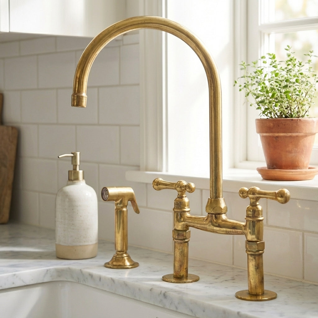 Farmhouse Unlacquered Brass Bridge Faucet with Dual Lever Handles