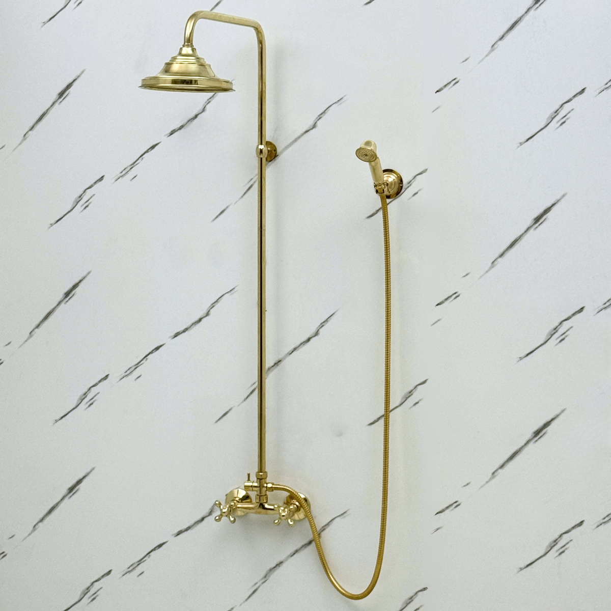 Unlacquered Brass Exposed Shower System with Bell Rain Head & Handheld — Alden