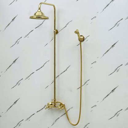 Unlacquered Brass Exposed Shower System with Bell Rain Head & Handheld — Alden