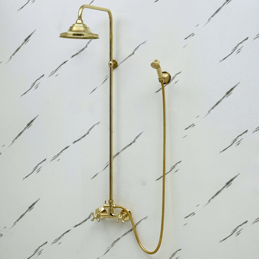 Unlacquered Brass Exposed Shower System with Bell Rain Head & Handheld — Alden