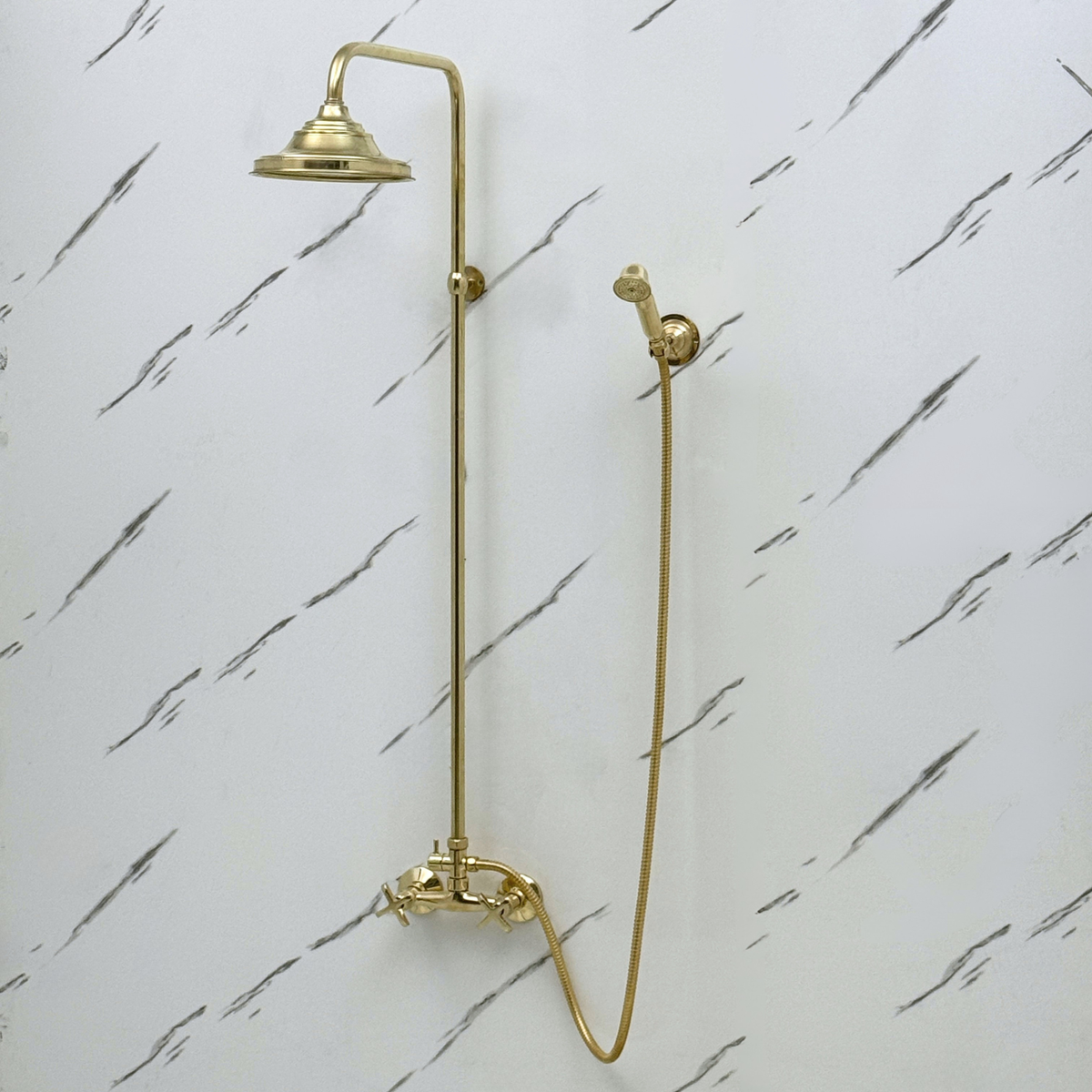 Unlacquered Brass Exposed Shower System with Bell Rain Head & Handheld — Alden