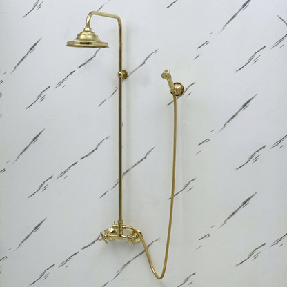 Unlacquered Brass Exposed Shower System with Bell Rain Head & Handheld — Alden