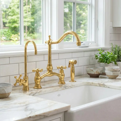 Unlacquered Brass Gooseneck Kitchen Faucet With Sprayer: