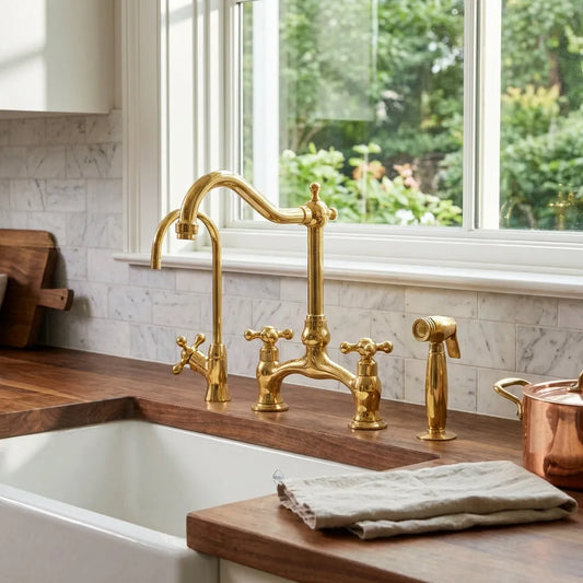 Unlacquered Brass Gooseneck Kitchen Faucet With Sprayer:
