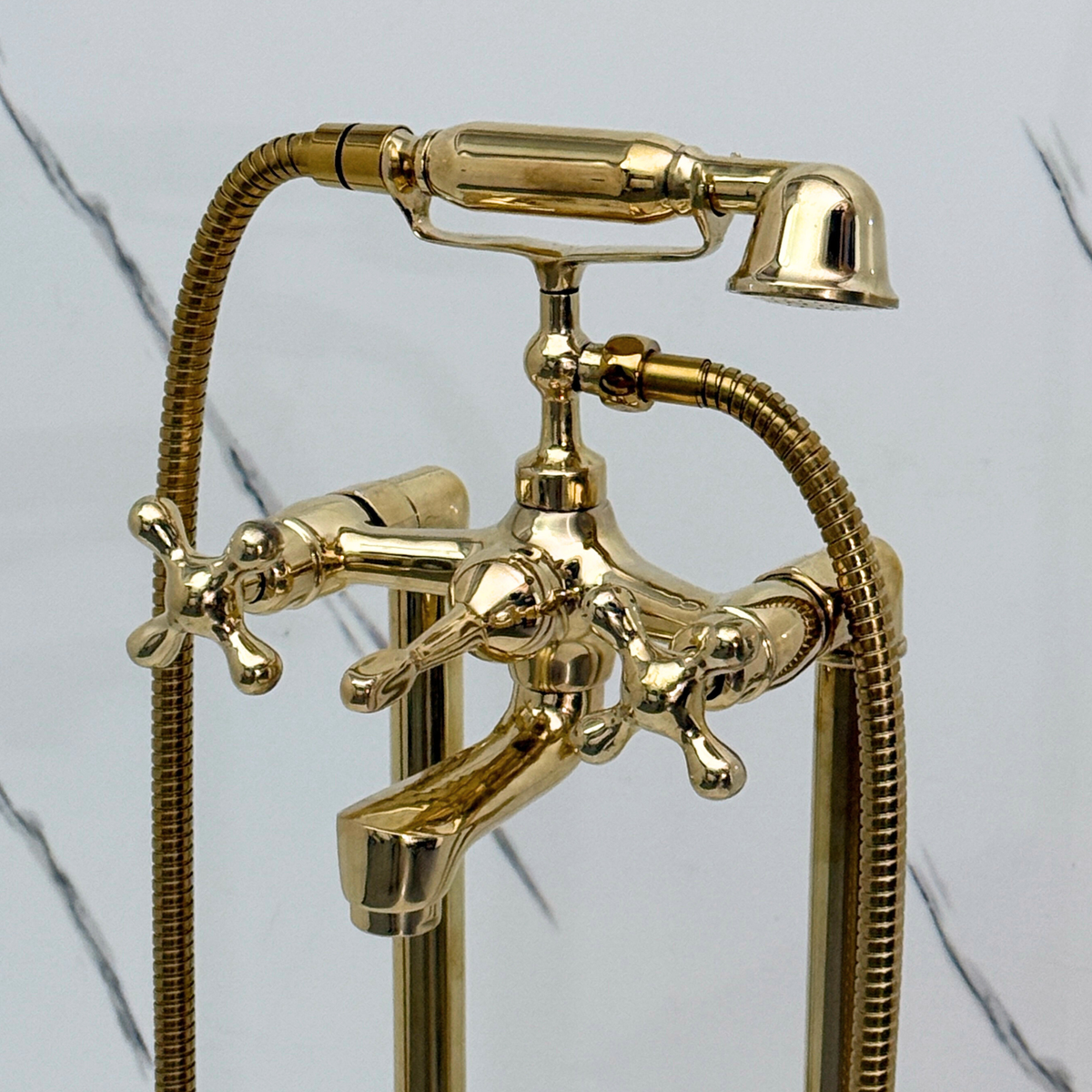 Unlacquered Brass Freestanding Bathtub Faucet, Solid Brass Clawfoot Tub Filler with Handheld Shower Head and Cross Handles