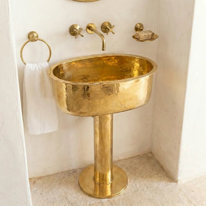 Handmade Hammered Unlacquered Brass Pedestal Sink – Wall-Mounted Vintage Bathroom Basin