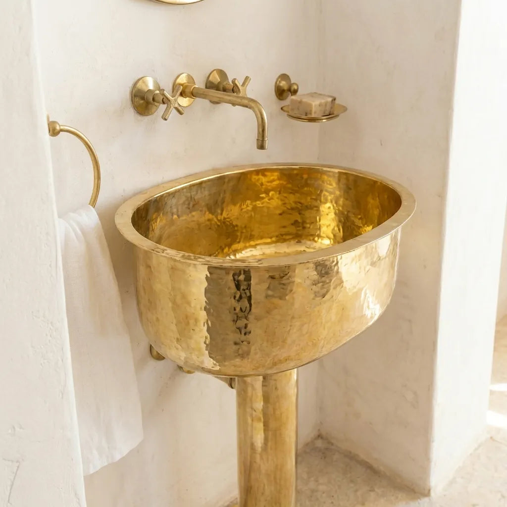 Handmade Hammered Unlacquered Brass Pedestal Sink – Wall-Mounted Vintage Bathroom Basin