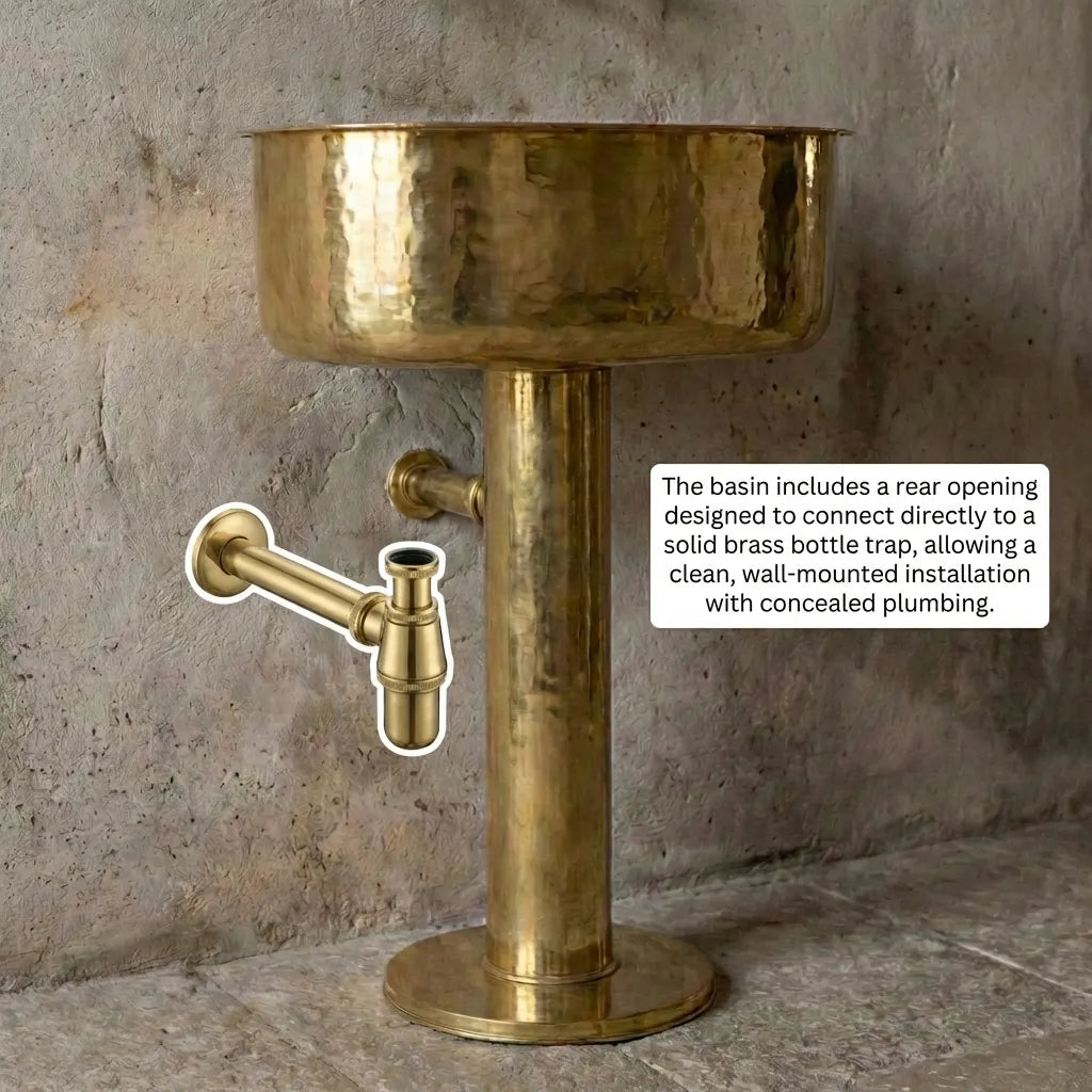 Handmade Hammered Unlacquered Brass Pedestal Sink – Wall-Mounted Vintage Bathroom Basin