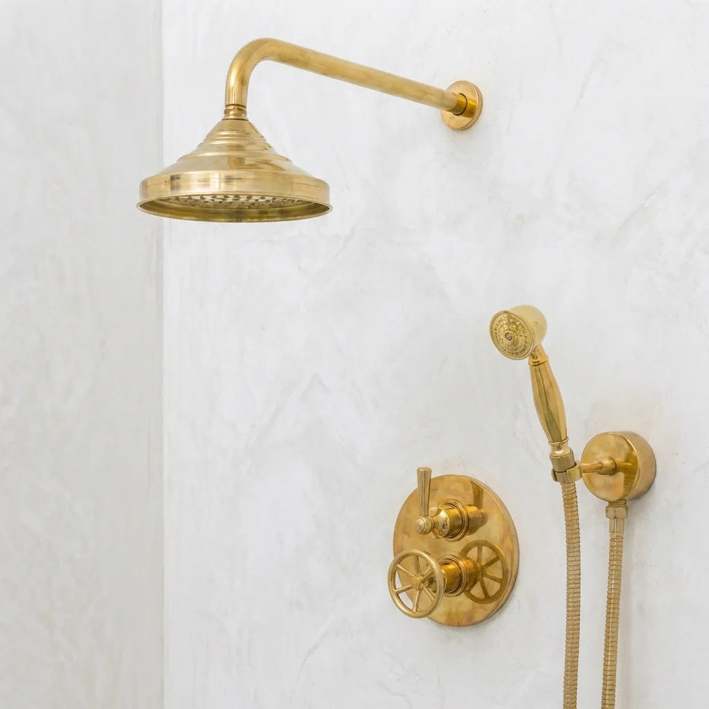 Unlacquered Brass Thermostatic Mixer Shower System –Rain Head with Handheld