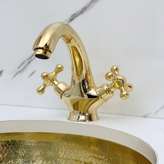 Unlacquered Brass Single Hole Bathroom Faucet with Cross Handles, Push-Up Drain & P-trap