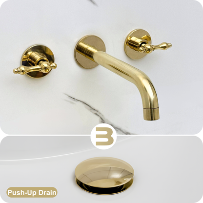 Unlacquered Brass Wall-Mount Faucet with Lever handles, Push-Up Drain & P-trap
