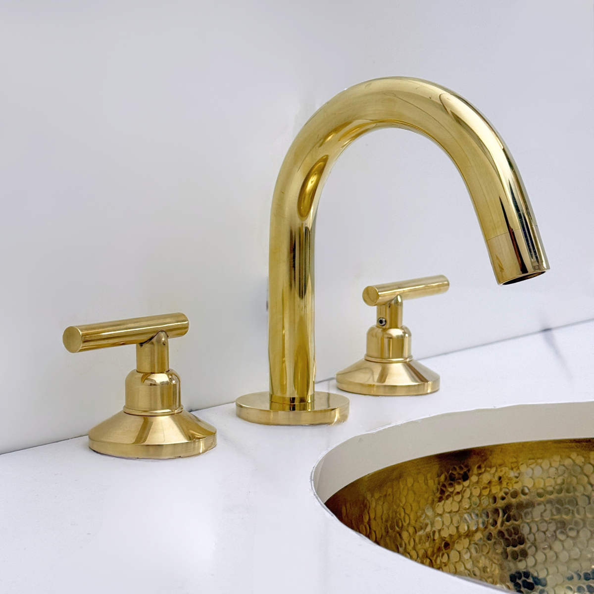 Unlacquered Brass Gooseneck Widespread Bathroom Faucet with Lever Handles – Classic Arc