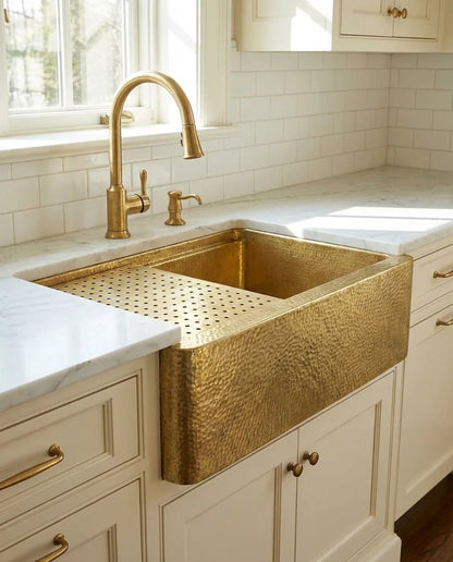 Hammered Brass Farmhouse Apron-Front Sink with Drain Grid