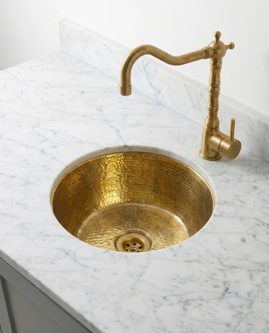 Handmade Hammered Brass Round Sink – Solid Unlacquered Brass Bar Basin