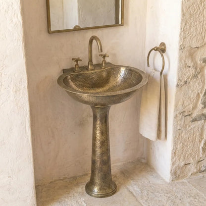Handcrafted Hammered Brass Pedestal Sink – Vintage Unlacquered Bathroom Basin