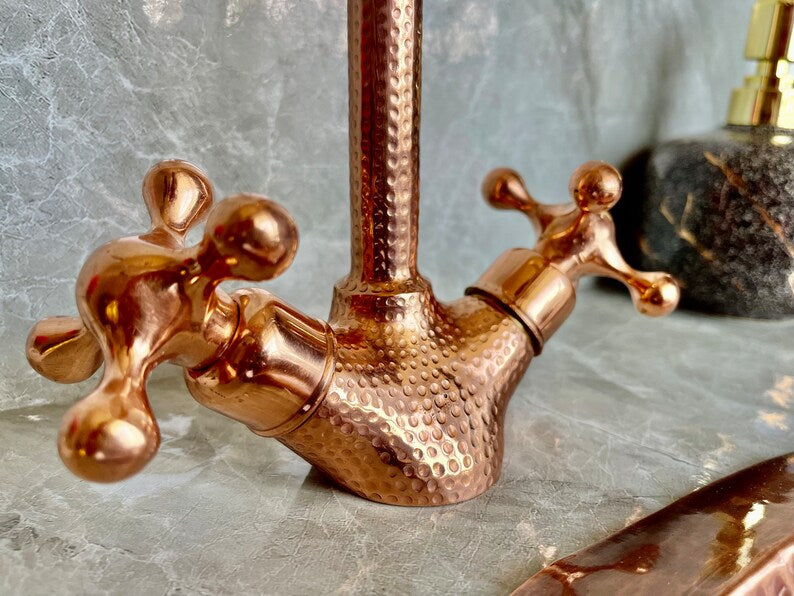 Handmade Copper Wall Mount Faucet | Hammered Solid Copper Bathroom Tap with Double Handles