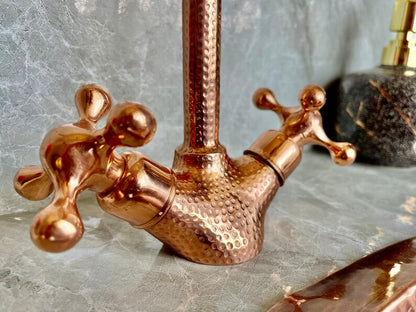 Handmade Copper Wall Mount Faucet | Hammered Solid Copper Bathroom Tap with Double Handles