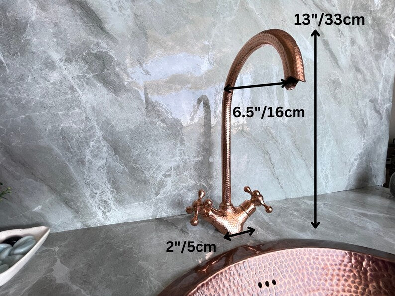 Handmade Copper Wall Mount Faucet | Hammered Solid Copper Bathroom Tap with Double Handles