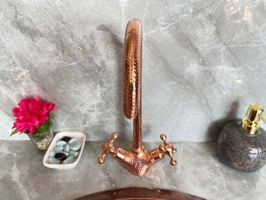 Handmade Copper Wall Mount Faucet | Hammered Solid Copper Bathroom Tap with Double Handles