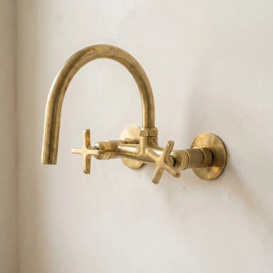 Unlacquered Brass Wall-Mount Bridge Faucet with Cross Handles