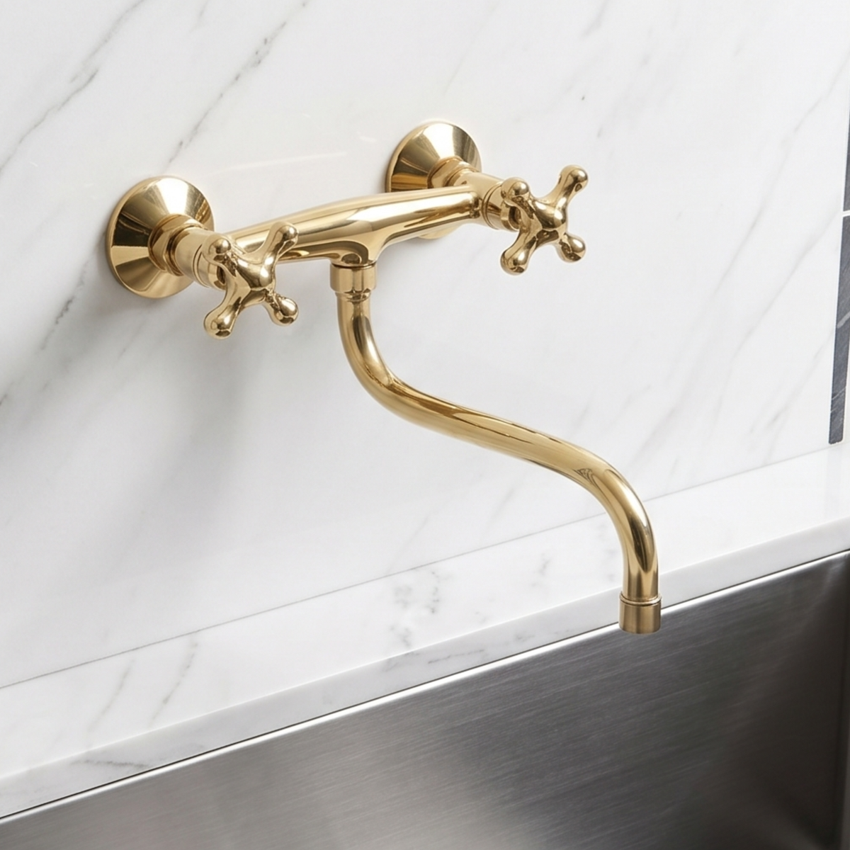 Unlacquered Brass Wall-Mount Faucet with Cross Handles – Style 15