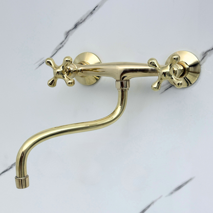 Unlacquered Brass Wall-Mount Faucet with Cross Handles – Style 15