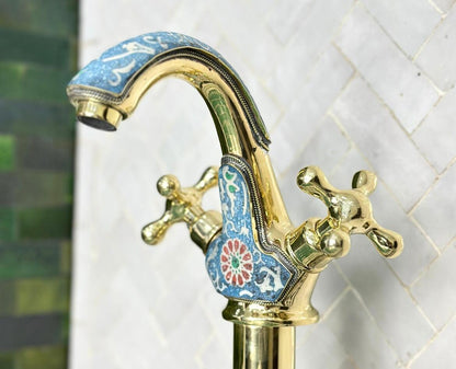ARTISAN BRASS VESSEL SINK FAUCET – HANDCRAFTED BATHROOM TAP WITH COLORFUL RESIN ACCENTS