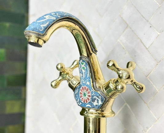 ARTISAN BRASS VESSEL SINK FAUCET – HANDCRAFTED BATHROOM TAP WITH COLORFUL RESIN ACCENTS