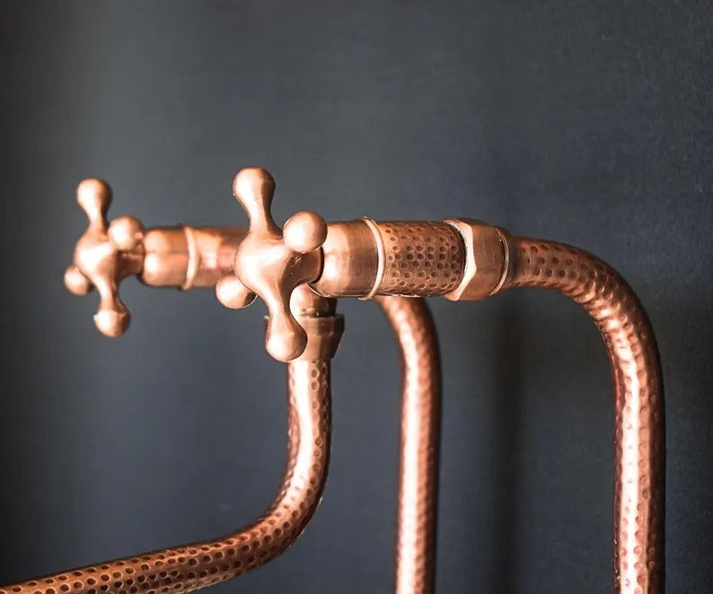 Handcrafted Hammered Copper kitchen Faucet with Dual Cross Handles
