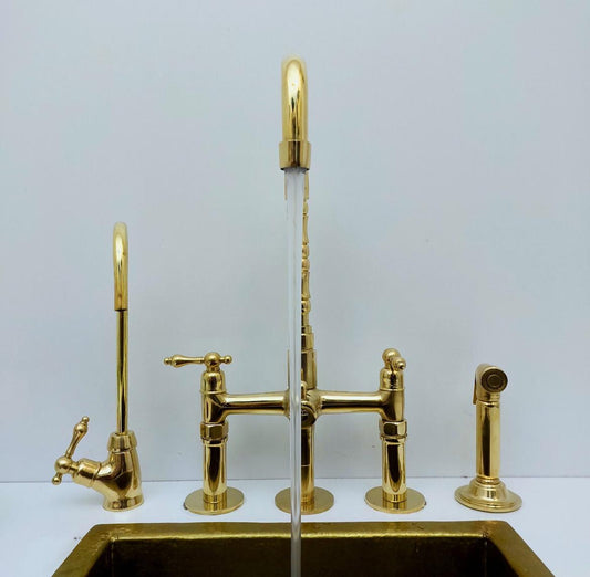 Luxury Brass Bridge Kitchen Faucet with Side Sprayer & Drinking Tap